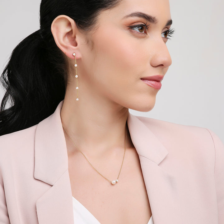 18K Yellow Gold Double Round Pearl Pendant Necklace