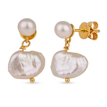 Load image into Gallery viewer, 18K Yellow Gold Double Pearl Round and Baroque Earrings
