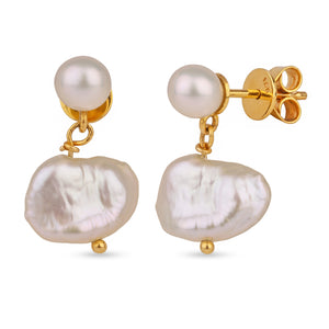 18K Yellow Gold Double Pearl Round and Baroque Earrings
