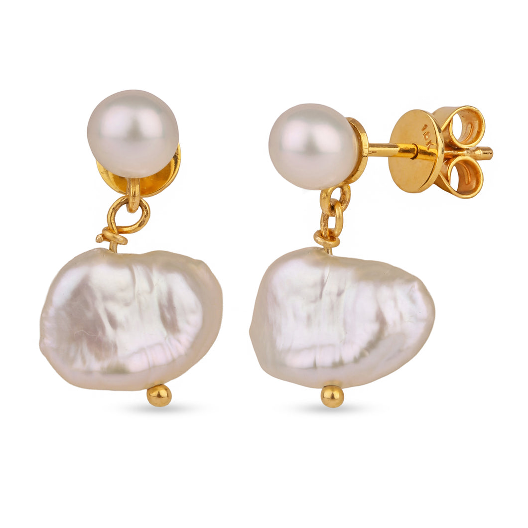 18K Yellow Gold Double Pearl Round and Baroque Earrings