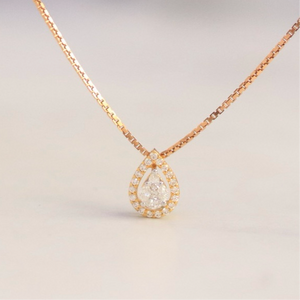 18K Gold Drop Shaped Diamond Pendant with Halo