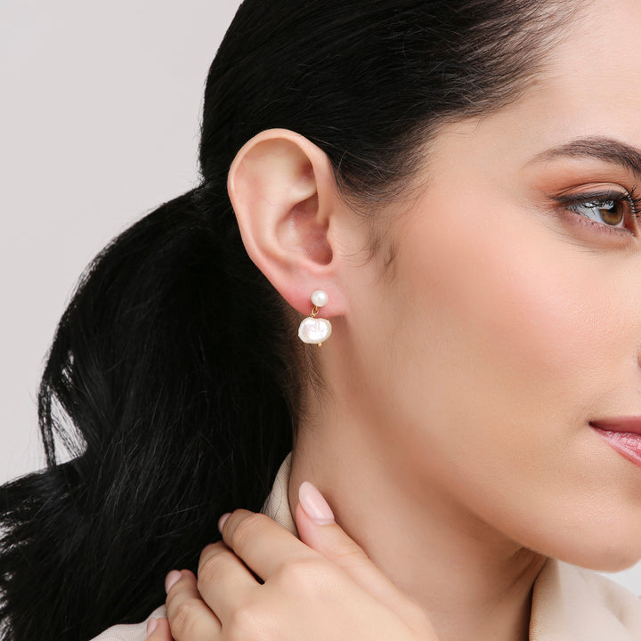 18K Yellow Gold Double Pearl Round and Baroque Earrings