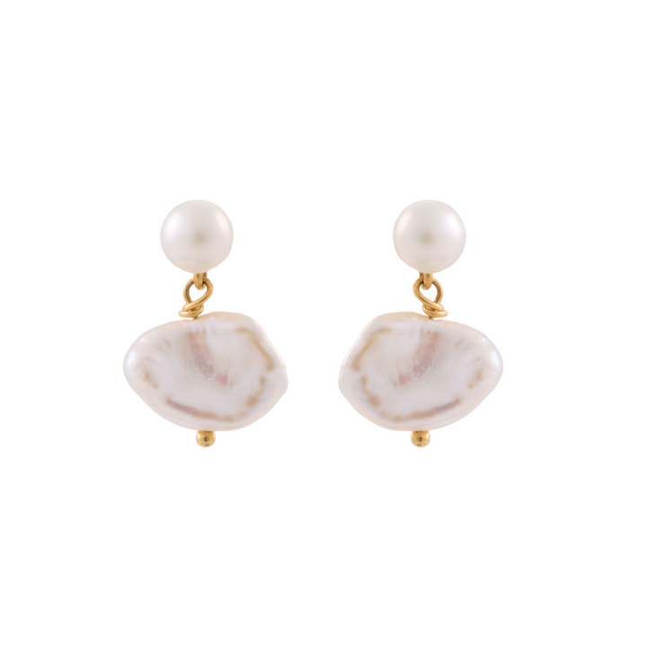 18K Yellow Gold Double Pearl Round and Baroque Earrings