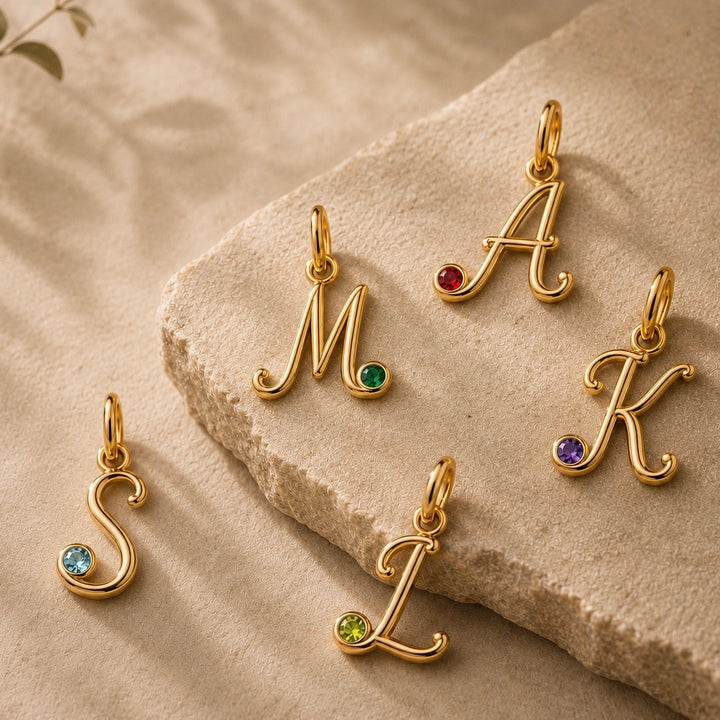 18K Yellow Gold Upper Case Initial Birthstone Pendant