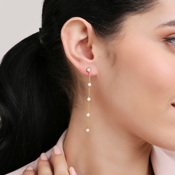 18K Yellow Gold and Pearl Chain Earrings