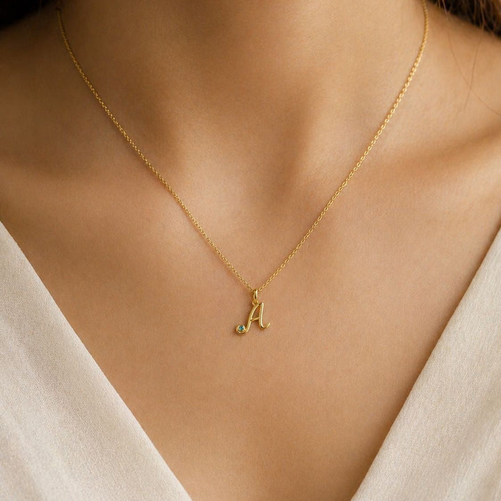 18K Yellow Gold Upper Case Initial Birthstone Pendant