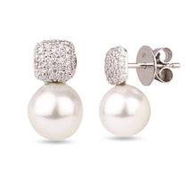 Load image into Gallery viewer, 18K White Gold and Diamonds Cushion Dome Earrings with Detachable Pearl
