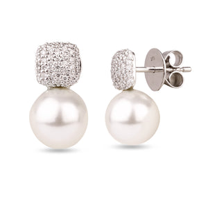 18K White Gold and Diamonds Cushion Dome Earrings with Detachable Pearl