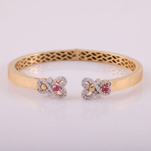 18K Gold, Diamonds and Rubies Cuff Bangle in Brushed Gold Finish