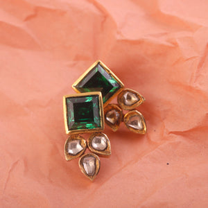 18K Gold Square Shaped Emerald and Uncut Diamond Earrings