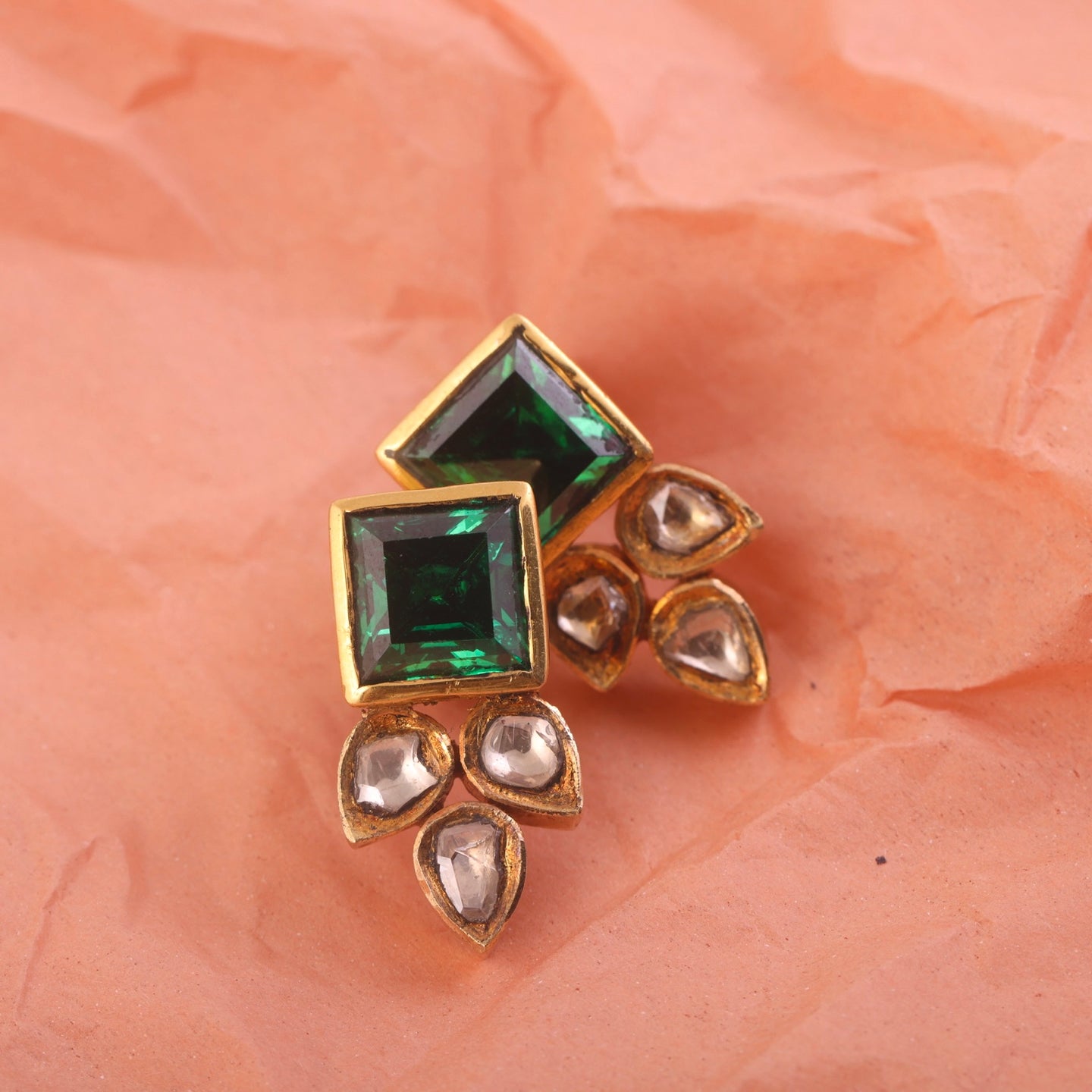 18K Gold Square Shaped Emerald and Uncut Diamond Earrings