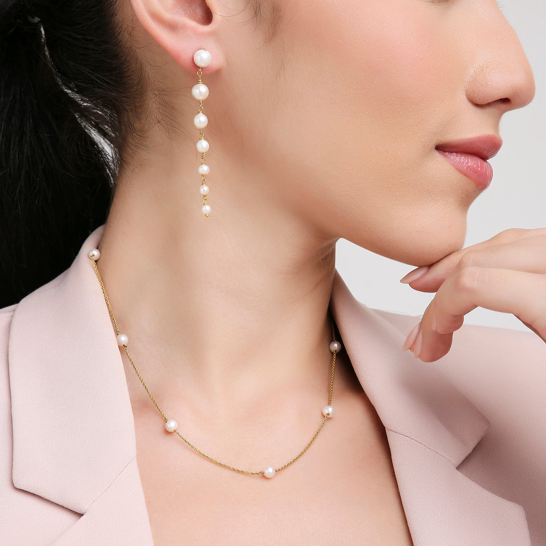 18K Yellow Gold and Graduated Pearl Chain Earrings