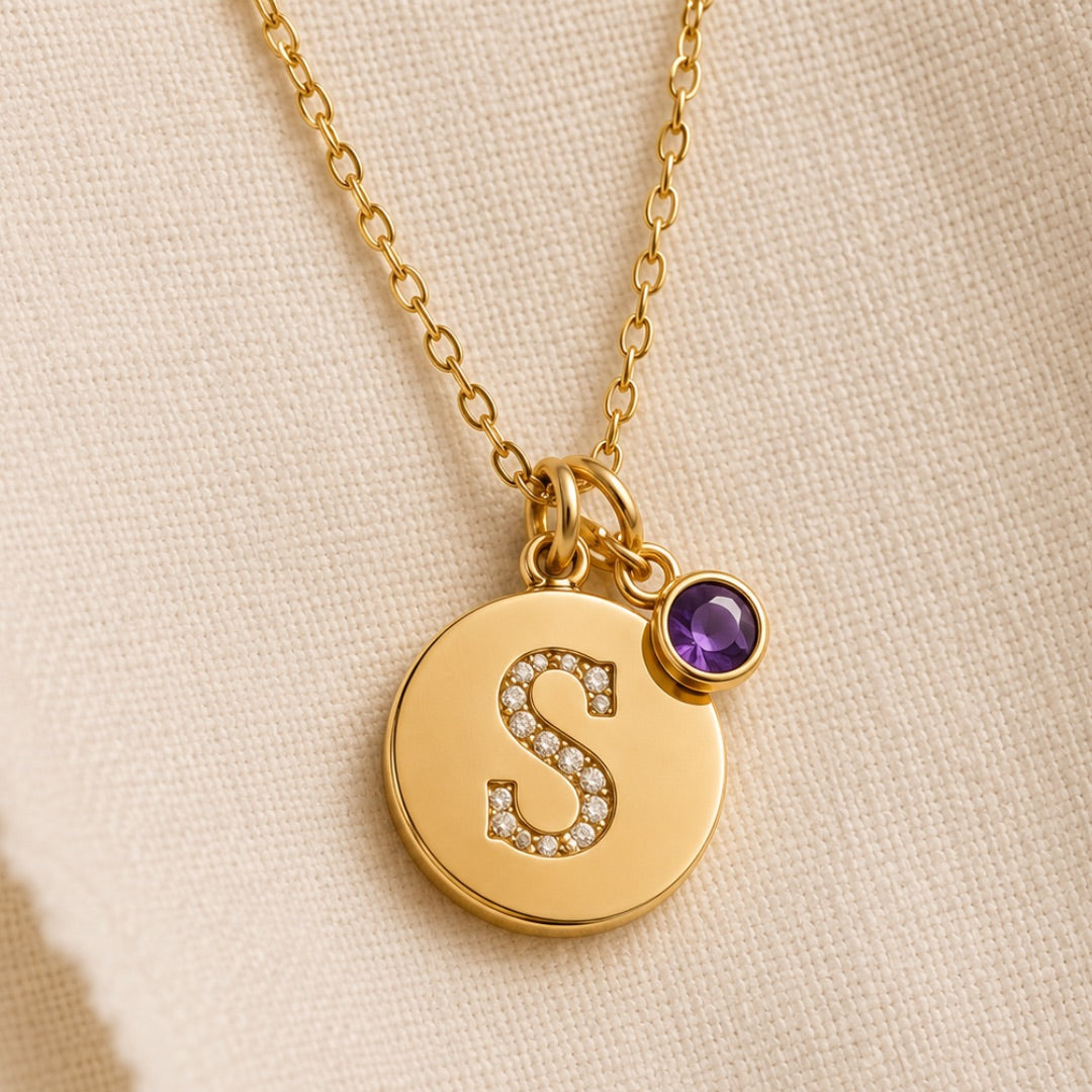 18K Yellow Gold Initial and Birthstone Disc Pendant