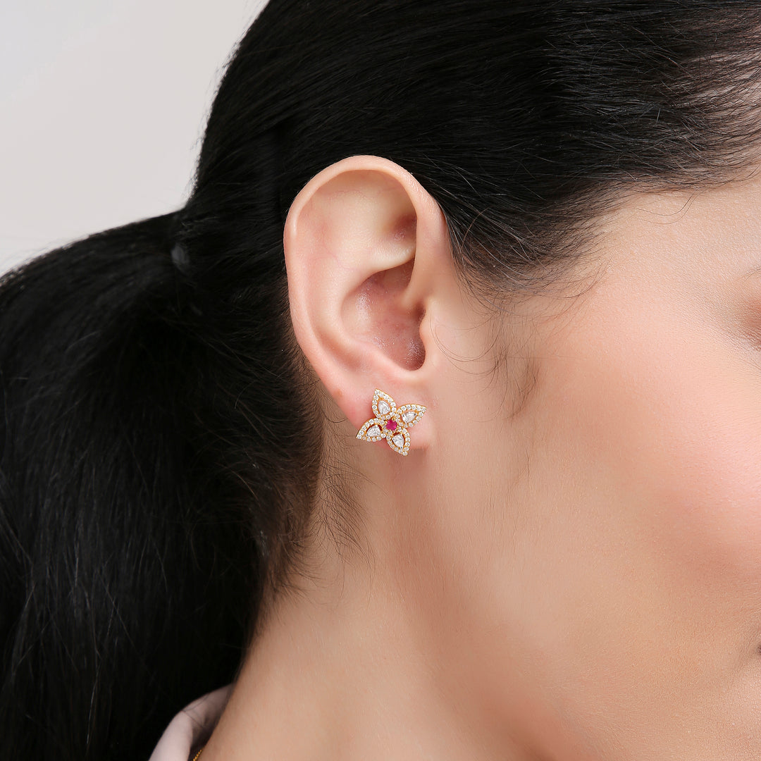 18K Yellow Gold, Diamond and Ruby Petal Earrings