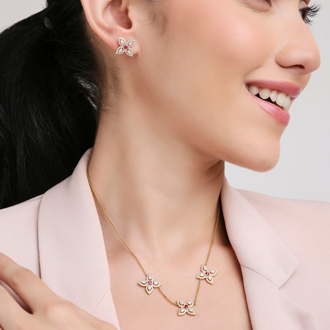 18K Yellow Gold, Diamond and Ruby Petal Chain Necklace