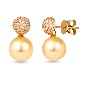 18K Yellow Gold and Diamonds Dome Earrings with Detachable Pearl