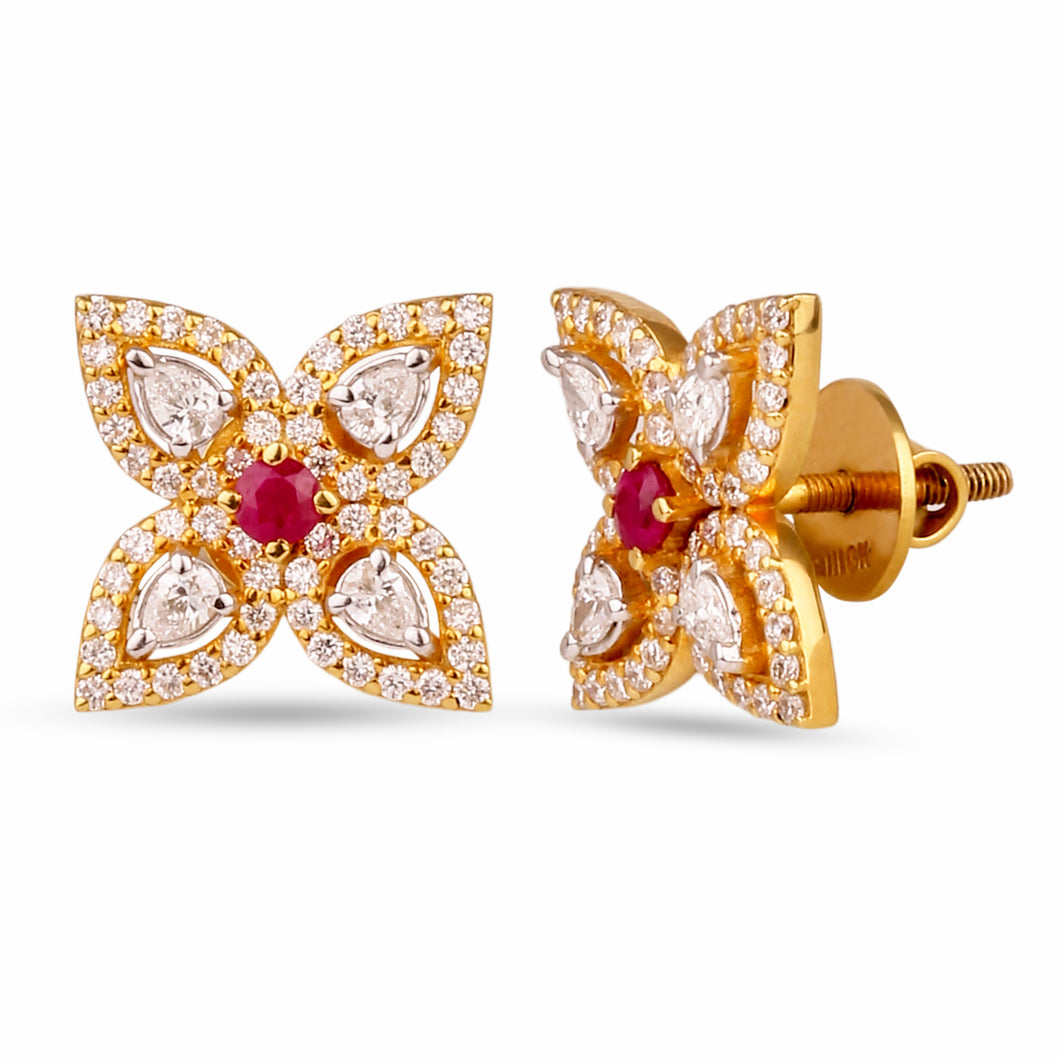 18K Yellow Gold, Diamond and Ruby Petal Earrings