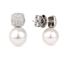 Load image into Gallery viewer, 18K White Gold and Diamonds Cushion Dome Earrings with Detachable Pearl
