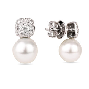 18K White Gold and Diamonds Cushion Dome Earrings with Detachable Pearl