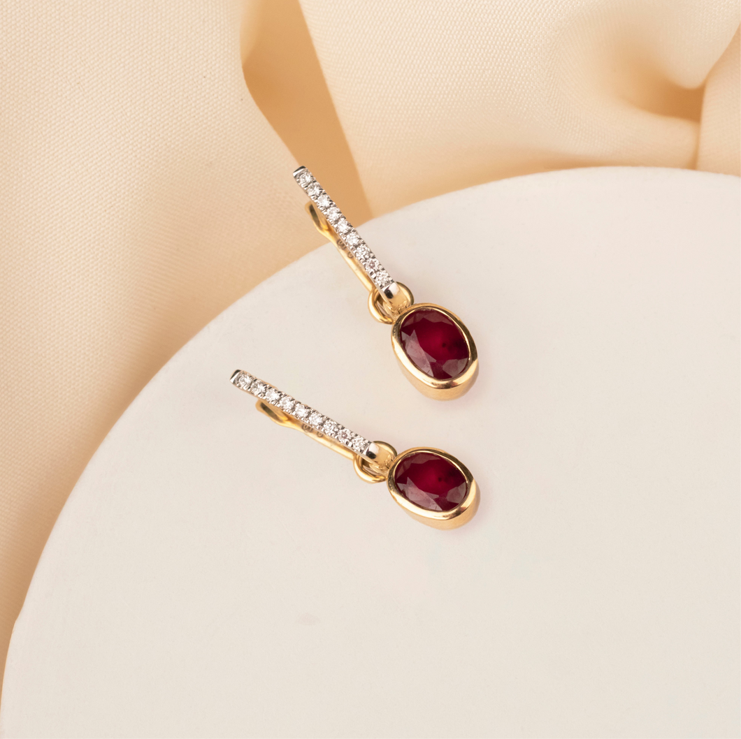 18K Yellow Gold English Lock Diamond Earrings With Oval Rubies