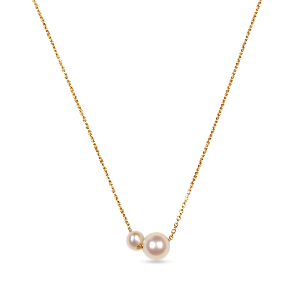 18K Yellow Gold Double Round Pearl Pendant Necklace