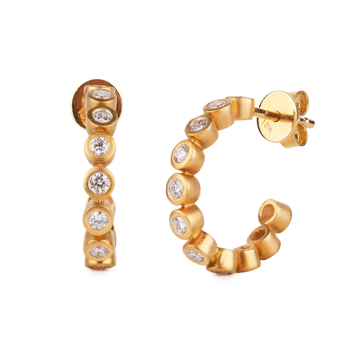 18K Yellow Gold and Diamonds Bezel Hoop Earrings