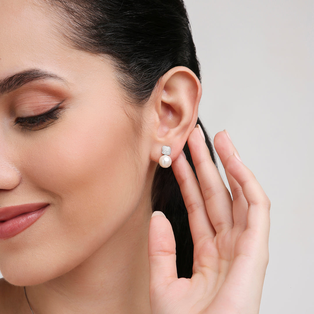 18K White Gold and Diamonds Cushion Dome Earrings with Detachable Pearl