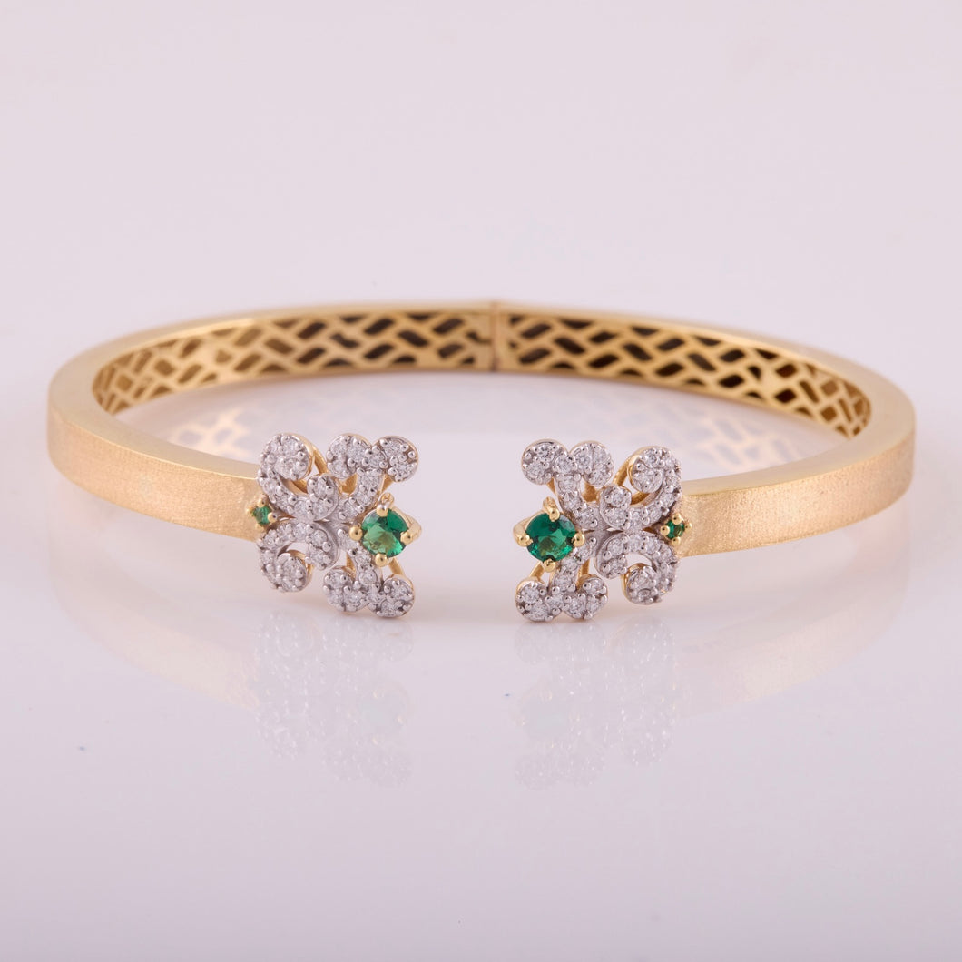 18K Gold, Diamonds and Emeralds Cuff Bangle in Brushed Gold Finish