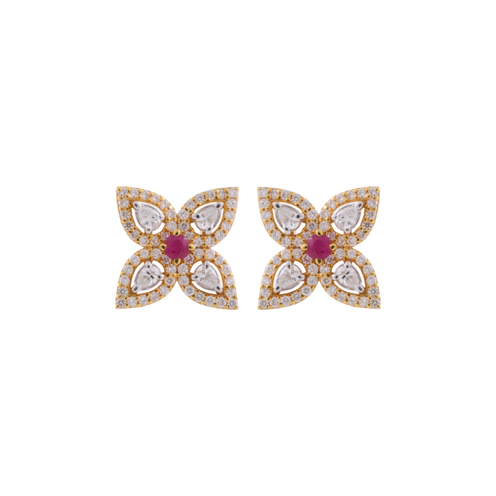 18K Yellow Gold, Diamond and Ruby Petal Earrings