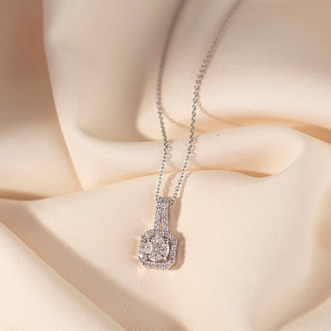 18K White Gold and Diamond Pendant with an Asscher Halo