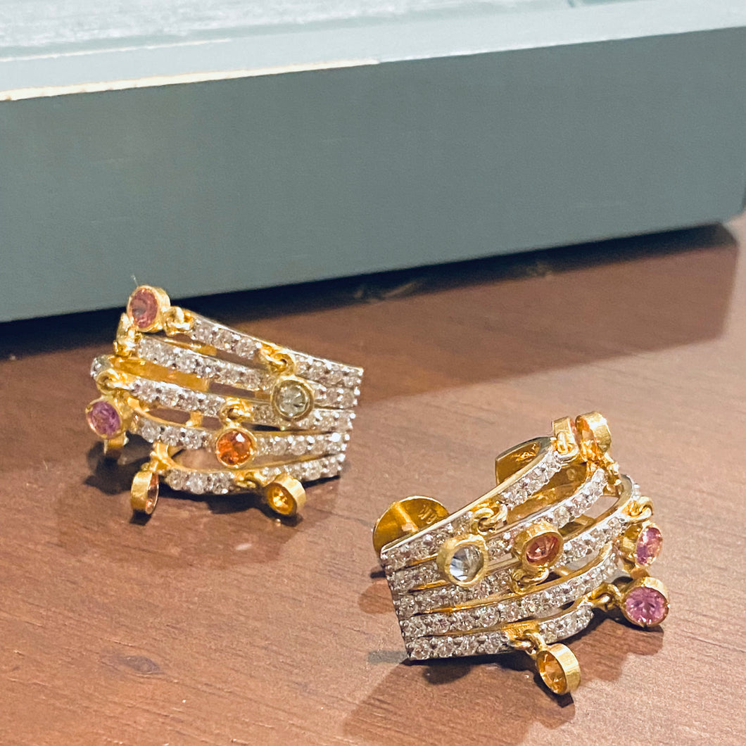 18K Gold 5-Line Diamond Earrings with Colored Sapphires